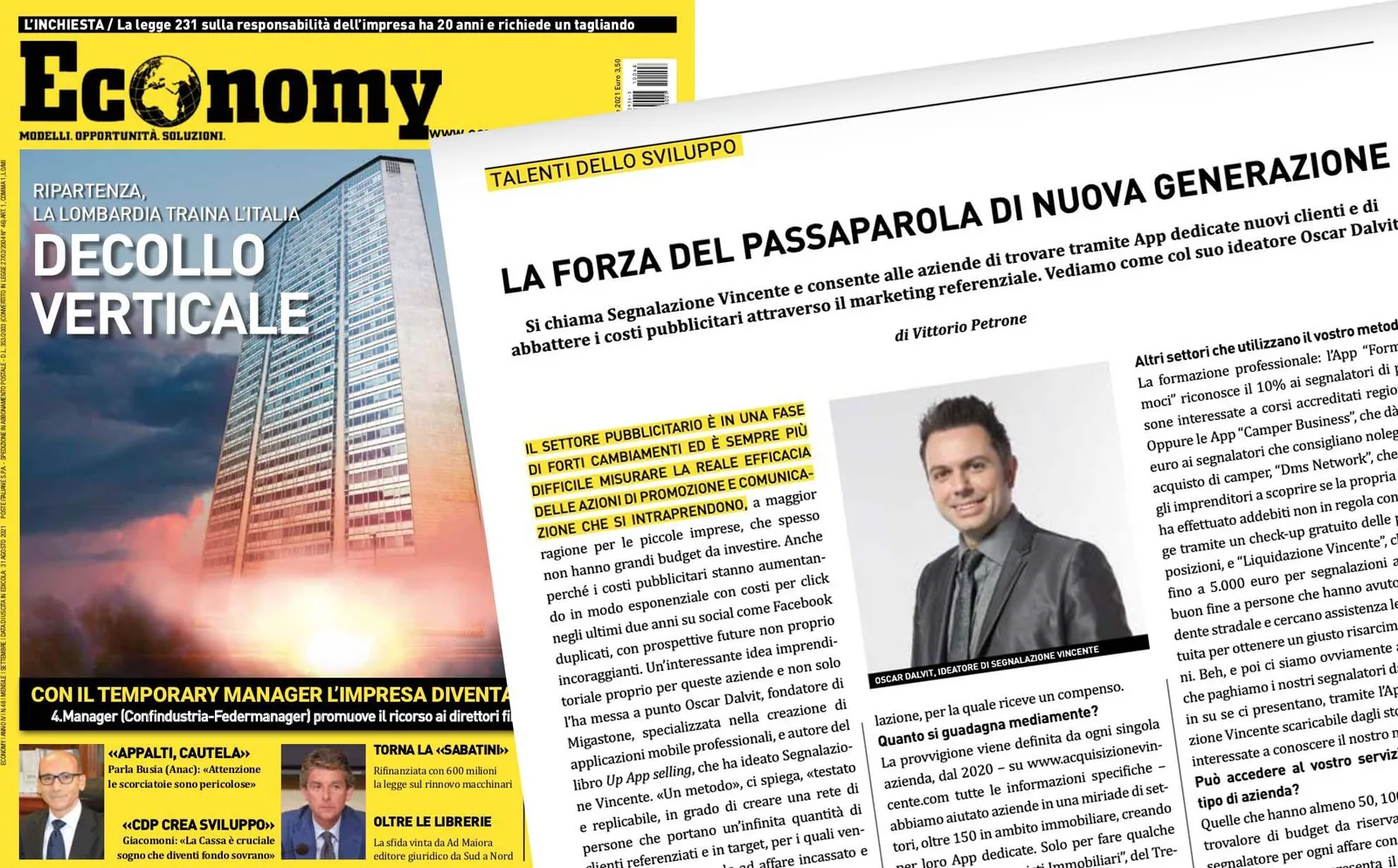 La copertina di Economy dell'estate 2021 accanto alla pagina interna
                        intitolata «La forza del passaparola di nuova generazione», con una
                        fotografia di Oscar Dalvit