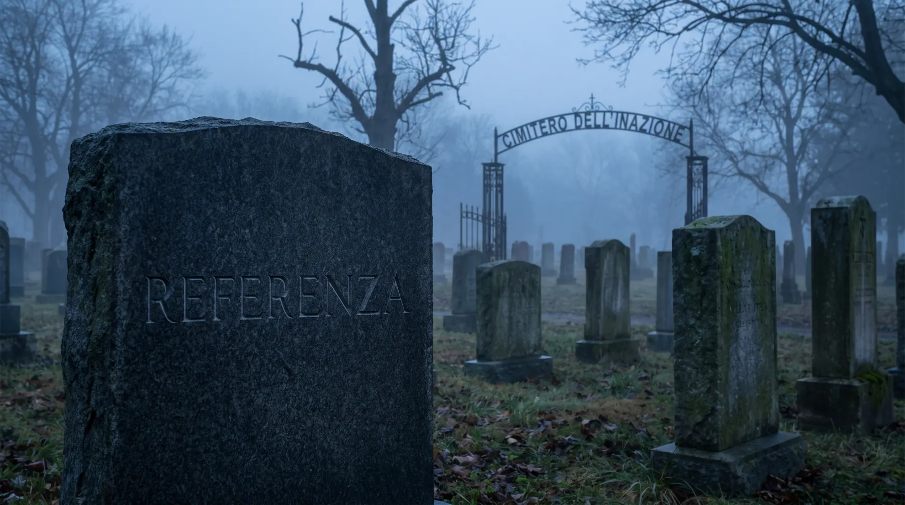 Un cimitero nella nebbia. In primo piano una lapide porta incisa
                      un'unica parola: REFERENZA. Sullo sfondo, l'arco d'ingresso in ferro
                      battuto reca la scritta «Cimitero dell'Inazione».