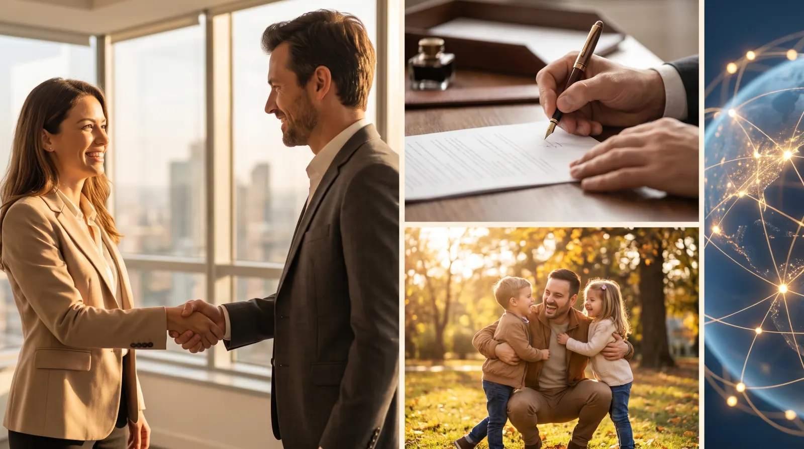 Collage: due professionisti si stringono la mano in ufficio, una mano firma
                    un contratto con la stilografica, un padre abbraccia ridendo i suoi due
                    bambini in un parco, e un globo attraversato da una rete di nodi luminosi
                    collegati fra loro