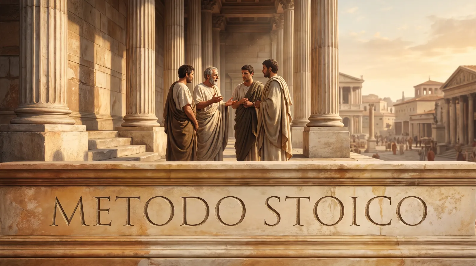 Un gruppo di romani in toga discute sui gradini di un portico classico;
                        sull'architrave di pietra in primo piano è inciso «Metodo stoico»