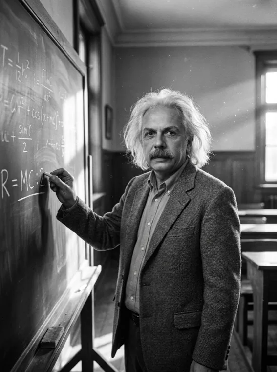 Oscar Dalvit in bianco e nero davanti a una lavagna d'aula, il gesso in
                        mano, mentre scrive la formula R = MC:2 fra equazioni di fisica