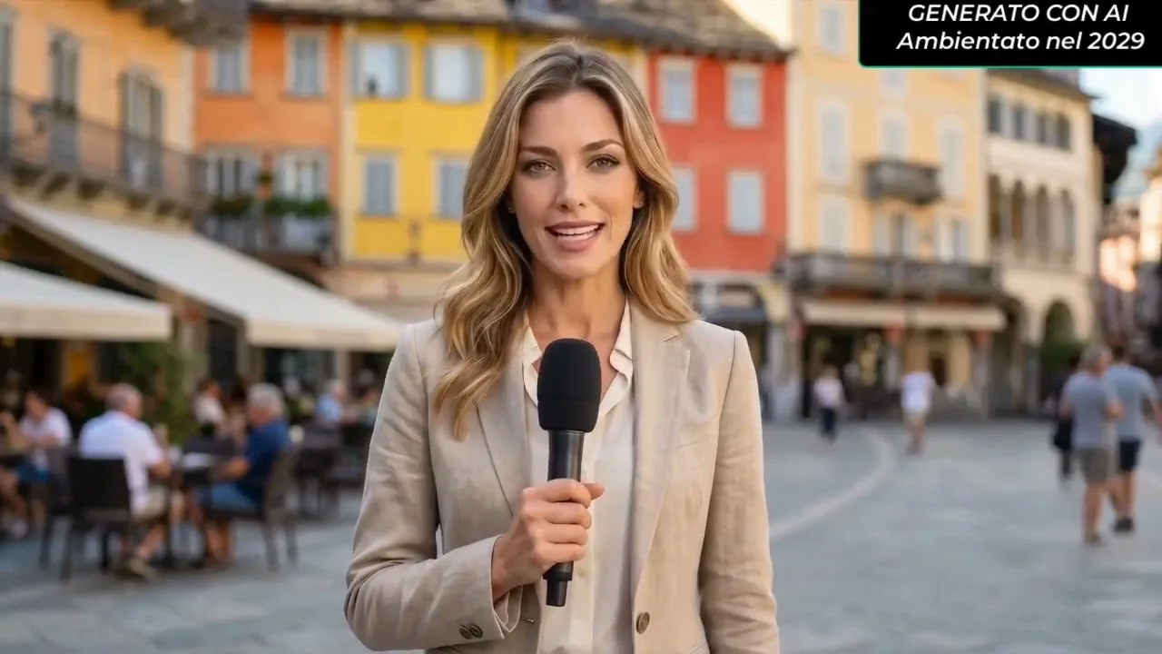 Fermo immagine dal TG29: una conduttrice generata con l'intelligenza
                      artificiale, microfono in mano in una piazza italiana, con la
                      sovrimpressione «Generato con AI · Ambientato nel 2029» in alto a destra